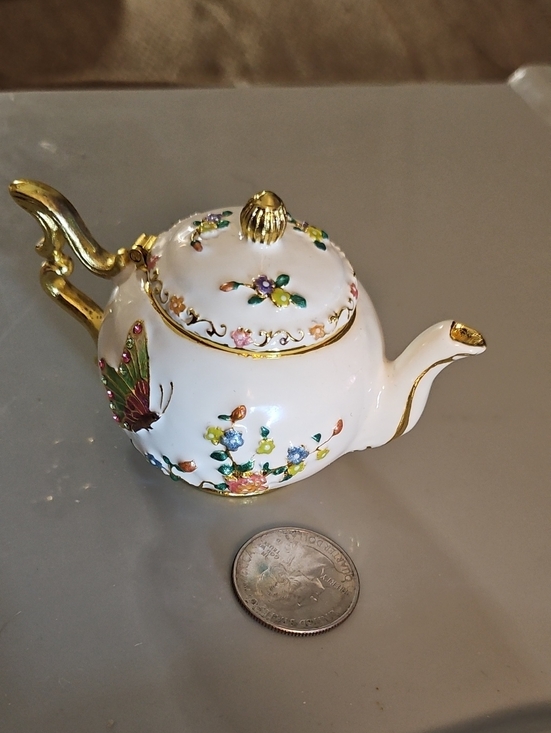 no brand Other - White Porcelain Teapot Trinket Box with Gold Accents and Floral Butterfly Design
